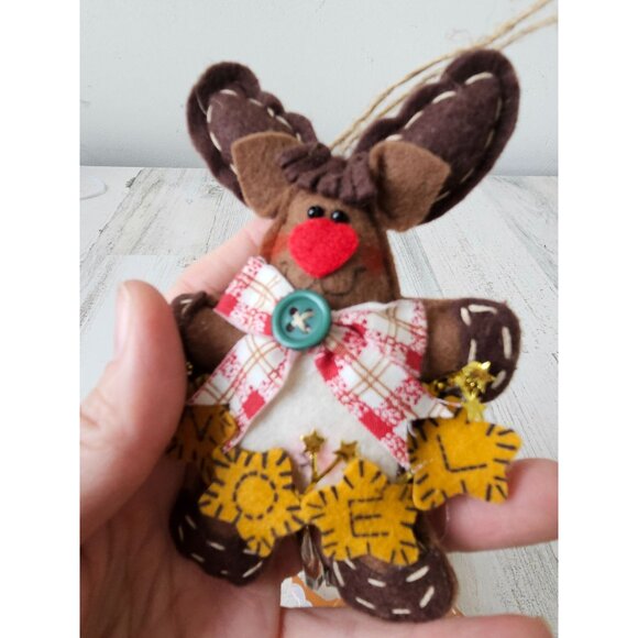 Wooden vintage Rudolph reindeer deer ornament set plush Noel Xmas tree both orna - Picture 3 of 10